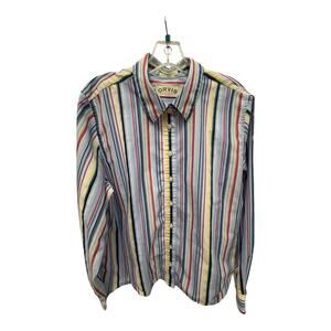 Orvis Women's Button Front Shirt Plus 18 Red Yellow Blue Stripe Long Sleeve